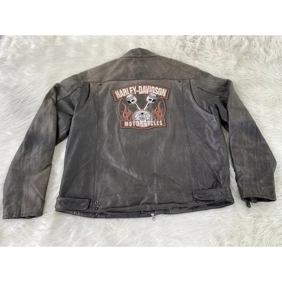 Harley Davidson Embroidered Leather Motorcycle Jacket Distressed